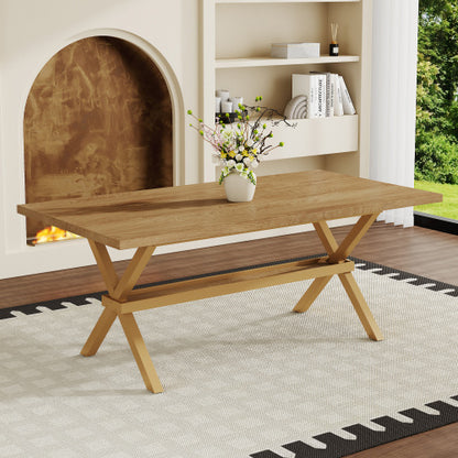Light Wood Grain MDF Dining Table with X-Shaped Metal Bracket