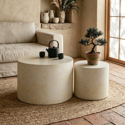 Set of 2 Beige Faux Marble Nesting Coffee Tables