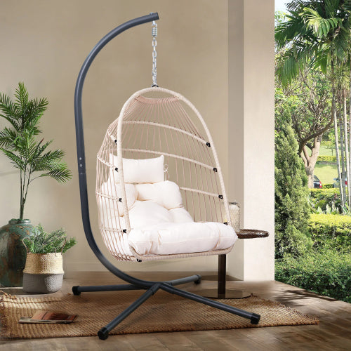 Foldable Hanging Egg Chair with Stand and Pillow, HDPE Rattan and Heavy Duty Aluminum-Steel Frame, Outdoor Patio Wicker Swing Egg Chair with Headrest and Cushioned, (Beige)