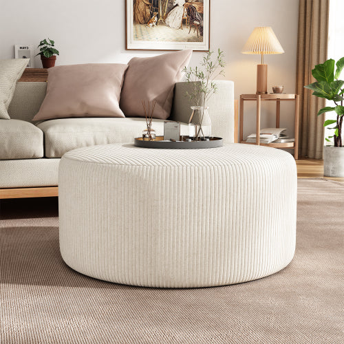 30.5 inch Beige Corduroy Round Modular Ottoman, Wood Frame Spring Coil Padded Multifunctional Footrest