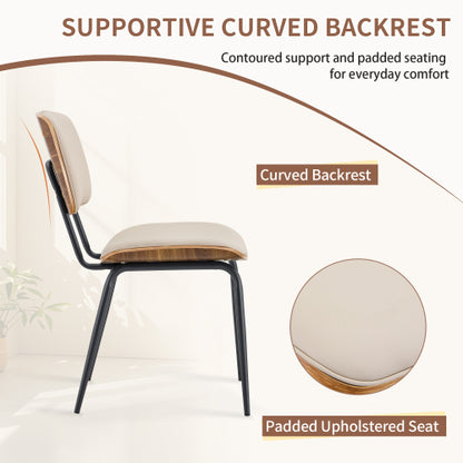 Mid-Century Faux Leather Dining Chairs Set of 2, Walnut Veneer Backrest & Metal Legs, White