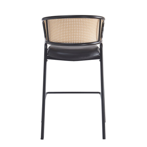Indoor Metal Upholstered Barstool, Faux Leather Seat With Wowen Rattan Decorated Backrest, Set of 2