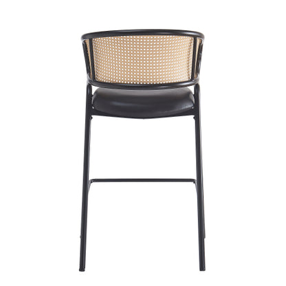 Indoor Metal Upholstered Barstool, Faux Leather Seat With Wowen Rattan Decorated Backrest, Set of 2