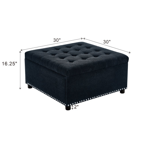 Black Tufted Square Storage Ottoman with Nailhead Trim, Multi-Functional Upholstered Footstool for Living Room & Bedroom