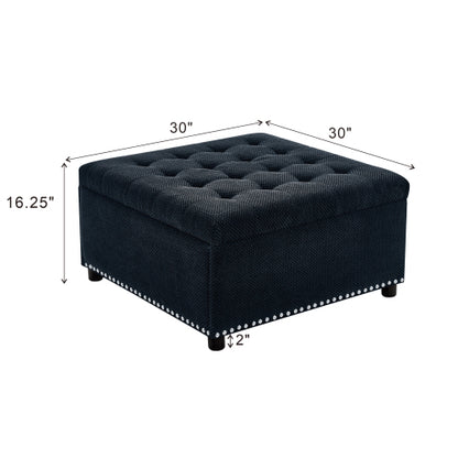 Black Tufted Square Storage Ottoman with Nailhead Trim, Multi-Functional Upholstered Footstool for Living Room & Bedroom