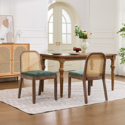 Set of 2 Green Curved Arched Cane Back Farmhouse Dining Chairs, Distressed Solid Wood Frame S-Spring Chenille Cushion