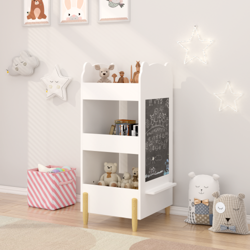 White Bear Shape Kids Bookshelf with Side Chalkboard, 3-Tier Open Storage Toddler Toy Book Organizer