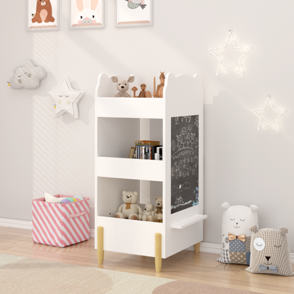 White Bear Shape Kids Bookshelf with Side Chalkboard, 3-Tier Open Storage Toddler Toy Book Organizer