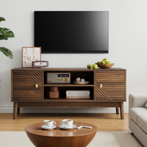 43.31 Inch Walnut Mid-Century Grille Door TV Stand Solid Wood Leg Media Console for 45 Inch TV