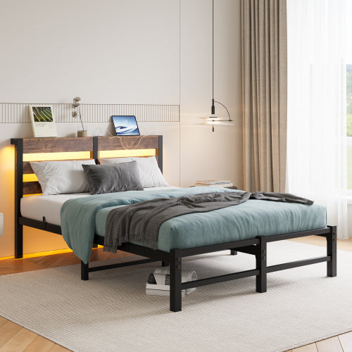 Full Size  Metal Bed Frame with Wooden Headboard, RGB Lights,  Charger, Storage Shelf, Noise-Free, No Box Spring Needed,Rustic Brown
