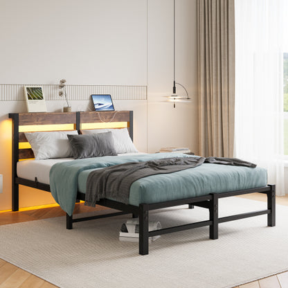 Full Size  Metal Bed Frame with Wooden Headboard, RGB Lights,  Charger, Storage Shelf, Noise-Free, No Box Spring Needed,Rustic Brown