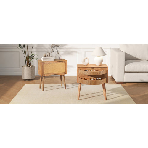 Rotating Hidden Compartment Nightstands, Mid Century Modern Concealment Furniture, Rattan Bed Side Table, Compartment End Table with Wood Legs, Bedside Tables for Bedroom, Living Room, Dorm, Natural