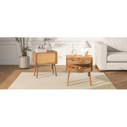 Rotating Hidden Compartment Nightstands, Mid Century Modern Concealment Furniture, Rattan Bed Side Table, Compartment End Table with Wood Legs, Bedside Tables for Bedroom, Living Room, Dorm, Natural
