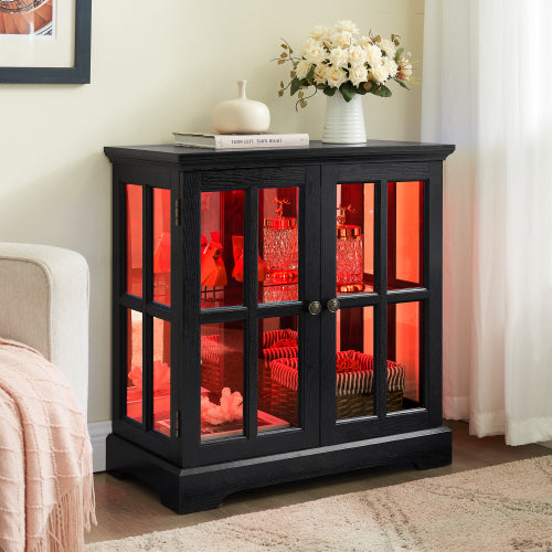 Black Retro 7-Color Bluetooth LED Lattice Glass Adjustable Display Cabinet