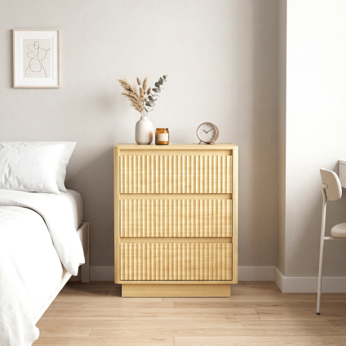 Natural Wood 3-Drawer Nightstand Set with USB-C Charger