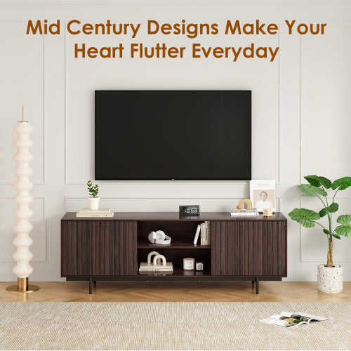 63 Inch Mid Century Farmhouse Fluted Retro Pop-Up Door TV Console for 75 Inch Large TV