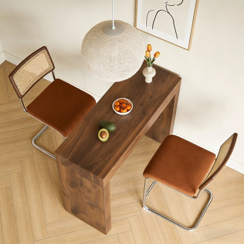 2-piece velvet bar chair combination, paired with walnut wood grain bar table, including storage function, suitable for restaurants and cafes