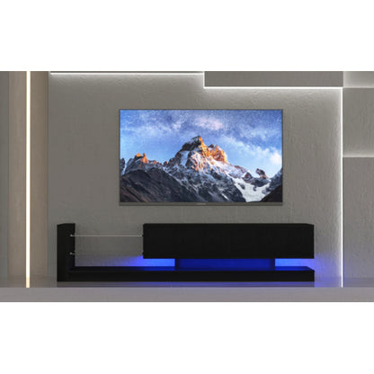 70 Inch Black Modern LED TV Stand Built-In Power Strip Tempered Glass Media Console for 75 Inch TV