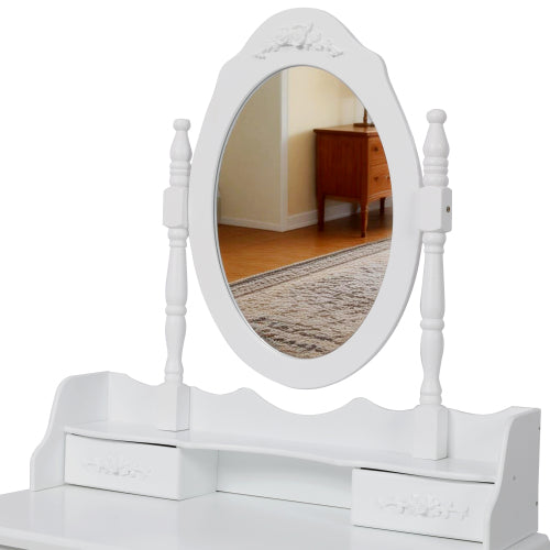 White Princess Vanity Desk Set with Mirror & Cushioned Stool, 4-Drawer Wooden Makeup Vanity Table for Girls' Bedroom, Dressing Table with Ample Storage
