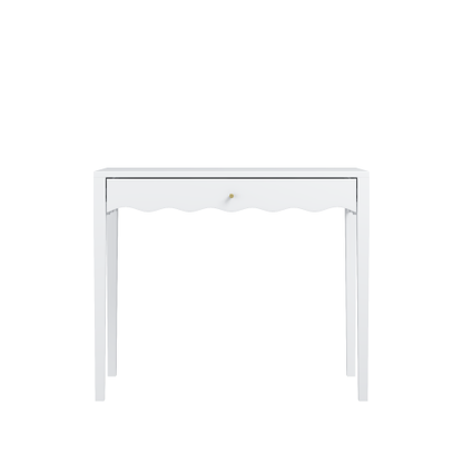 White 35.43inch  Vanity Desk with Drawer ¨C Modern Makeup Table with Scalloped Front & Gold Knob, Compact Writing Desk with 4 Sturdy Legs for Bedroom, Small Home Office & Apartment Spaces