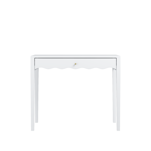 White 35.43inch  Vanity Desk with Drawer ¨C Modern Makeup Table with Scalloped Front & Gold Knob, Compact Writing Desk with 4 Sturdy Legs for Bedroom, Small Home Office & Apartment Spaces