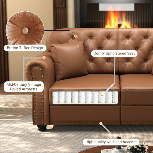 63 inch  Brown Mid-Century Faux-Leather Sofa,Nailhead Trim,Button Tufting,2 Pillows