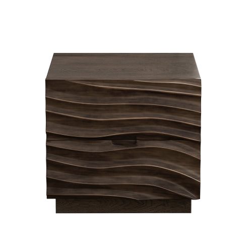 Brown Solid Wood 2-Drawer Nightstand, Curved Handle-Free Bedside End Table