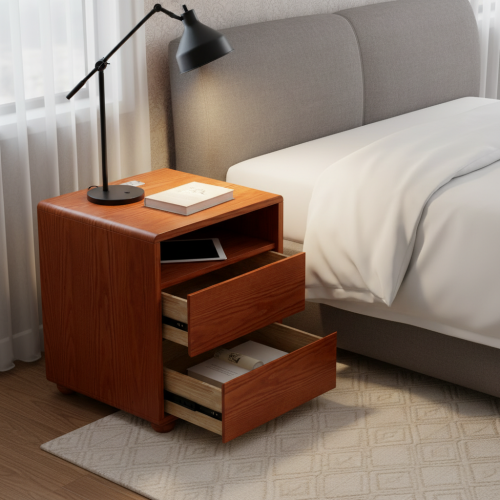 20inch Modern Nightstand with 2 Drawers And Shelves Solid Wood Night Stand with Charger Station Mid Century Bedside Table Curved Wood Side Table-Walnut