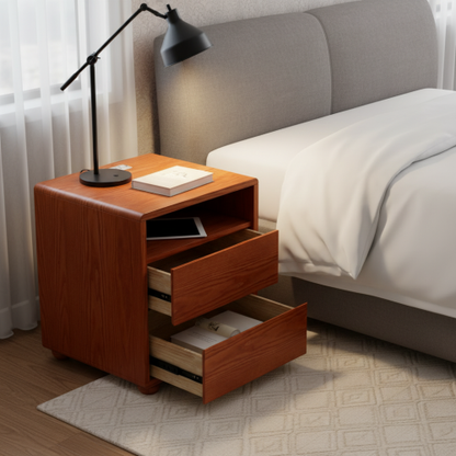 20inch Modern Nightstand with 2 Drawers And Shelves Solid Wood Night Stand with Charger Station Mid Century Bedside Table Curved Wood Side Table-Walnut