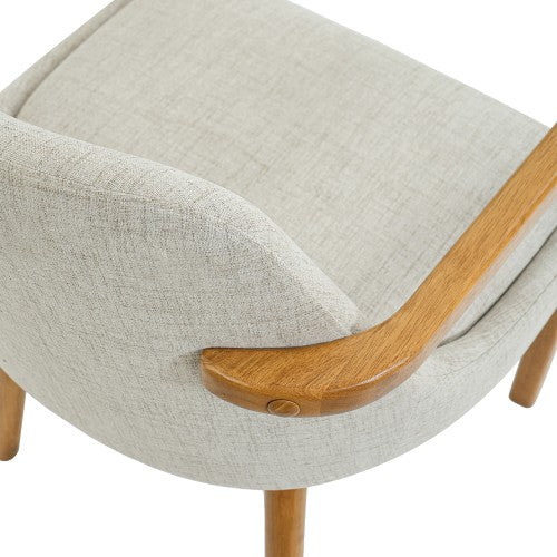 Set of 2 Mid-Century Beige Fabric Dining Arm Chairs, Rubber Wood Legs, 250 lbs Capacity