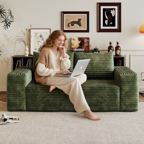 63-Inch Green Corduroy Deep-Seat Loveseat Sofa No-Assembly for Living-Room Bedroom Apartment Conference Room