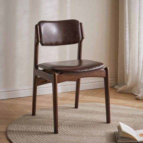 Single Brown PU Leather Armless Dining Side Chair, Solid Wood Walnut Frame, Ergonomic Open Back for Dining Room, Cafe & Office