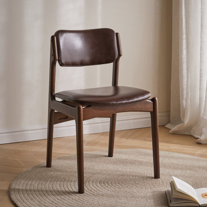 Single Brown PU Leather Armless Dining Side Chair, Solid Wood Walnut Frame, Ergonomic Open Back for Dining Room, Cafe & Office