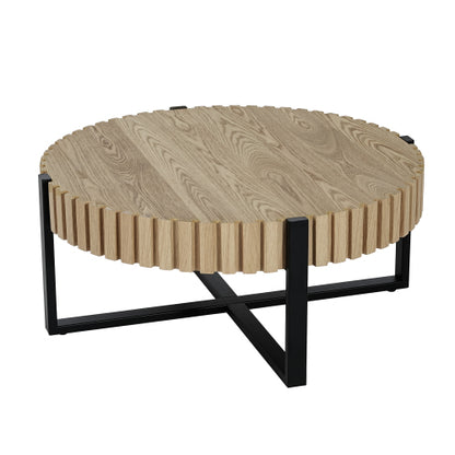 31.5inch  Round Drum Coffee Table MDF Wood Grain Industrial Metal Base