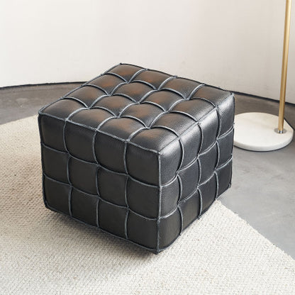17.32 inch Genuine Leather Tufted Ottoman Footstool, Black