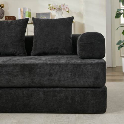 Black Chenille Convertible Folding Floor Sofa Bed with Armrest