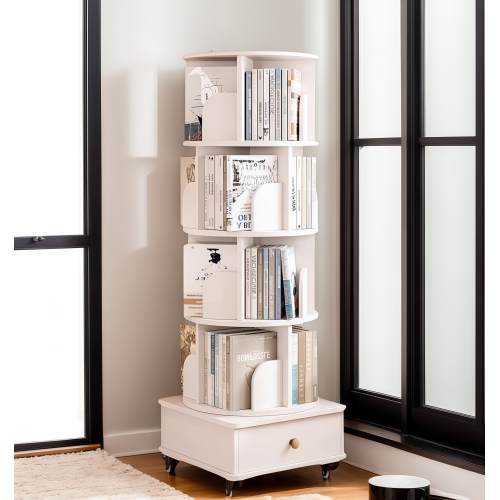 White 5-Tier 360¡ã Rotating Wooden Bookshelf with Single Drawer, Space-Saving Corner Home Organizer