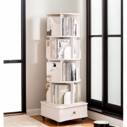 White 5-Tier 360¡ã Rotating Wooden Bookshelf with Single Drawer, Space-Saving Corner Home Organizer