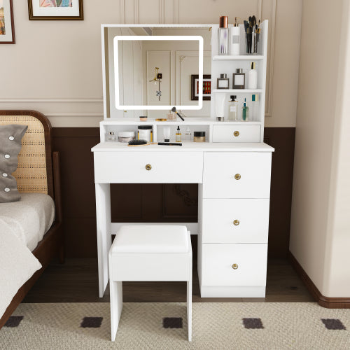 Fashion Vanity Desk w/ 3-Color Dimmable LED Mirror, 4 Silent Sliding Drawers, Open Storage Shelf, White