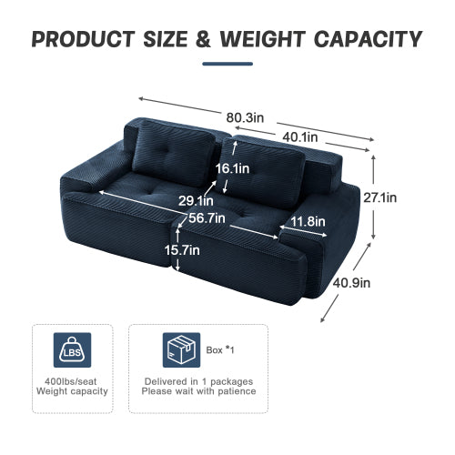 82 inch  Blue Corduroy L-Shape Modular Sectional Sofa, No Assembly Required