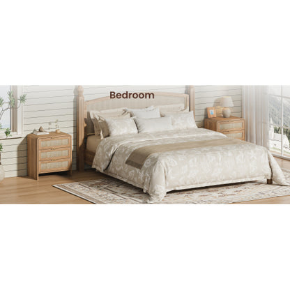 Rattan Nightstand with 3 Drawers, 22.8inch  Wide Curved Wooden Bedside Table, Modern Storage for Bedroom, Caramel Oak.