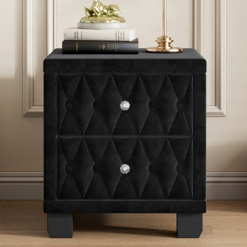 Elegant Velvet Nightstand with 2 Drawers and Crystal Handle, Storage Bedside Table with Button-Tufted, Black