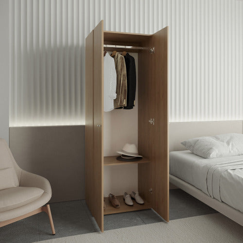 Home 2 Doors Closet System Armoire, Hanging Rod and Storage Shelf, Modern Armoire for Bedroom Organization Storage, Natural Oak