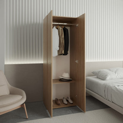 Home 2 Doors Closet System Armoire, Hanging Rod and Storage Shelf, Modern Armoire for Bedroom Organization Storage, Natural Oak