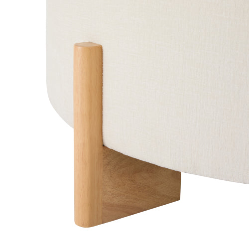 Beige Round Chenille Tufted Ottoman, 32 Inch Button Tuft Footrest with L-Shaped Rubberwood Legs, 250 LBS Capacity