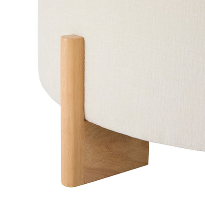 Beige Round Chenille Tufted Ottoman, 32 Inch Button Tuft Footrest with L-Shaped Rubberwood Legs, 250 LBS Capacity