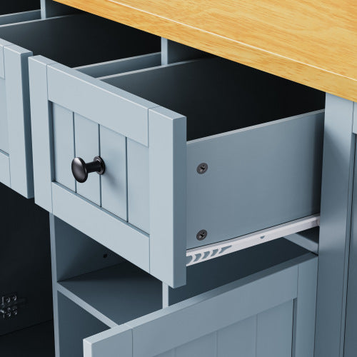 53inch Large Kitchen Island with 2 Bar Stools,Power Outlet,Door Internal Storage Rack,Kitchen Storage Cart on 5 Wheels with Drop Leaf,5 Open Side Racks,3 Drawers,Grey Blue (Three Packages)
