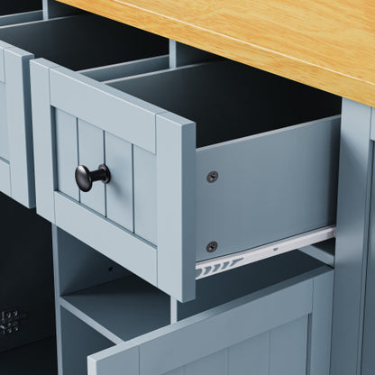 53inch Large Kitchen Island with 2 Bar Stools,Power Outlet,Door Internal Storage Rack,Kitchen Storage Cart on 5 Wheels with Drop Leaf,5 Open Side Racks,3 Drawers,Grey Blue (Three Packages)