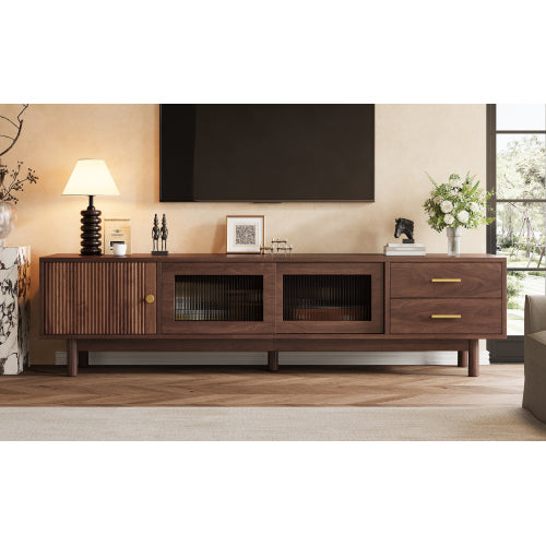 70.86 inch Dark Brown Mid Century Wave Glass Sliding Door TV Stand Pine Leg Console For 80 inch TV