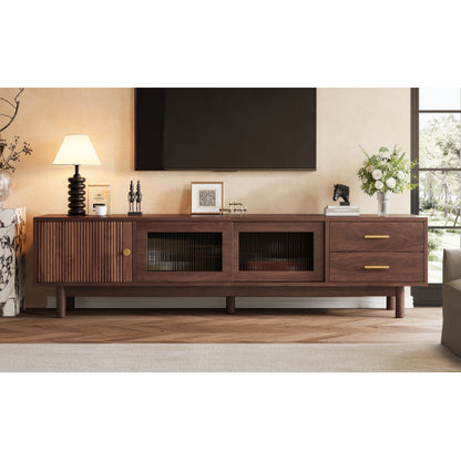 70.86 inch Dark Brown Mid Century Wave Glass Sliding Door TV Stand Pine Leg Console For 80 inch TV